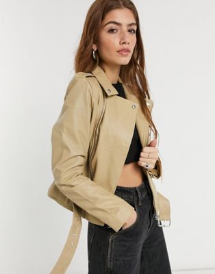 Barney's Originals Emma real leather jacket in cream | ASOS