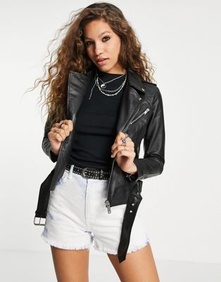 Barney's Originals Emma real leather jacket with belt in black - ASOS Price Checker