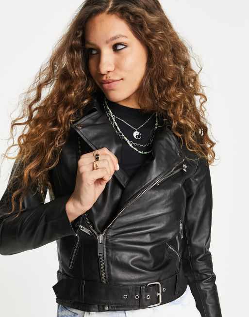 Black leather shop jacket with belt