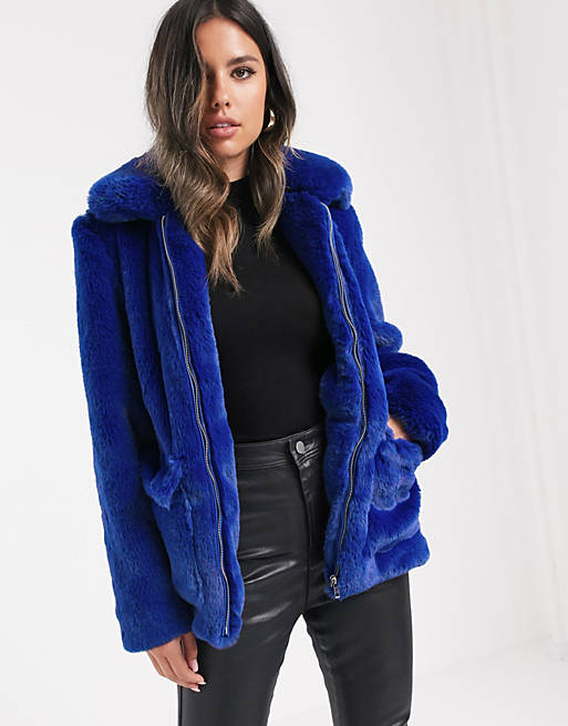 Barney's Originals faux fur coat in cobalt blue | ASOS