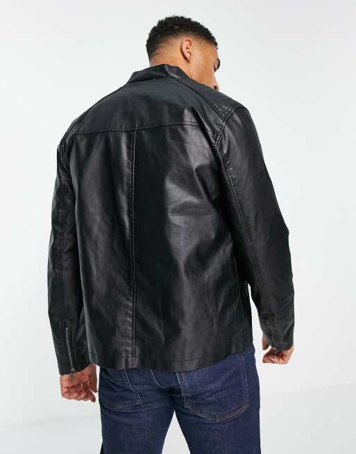 Barneys Originals faux leather racer jacket in black | ASOS