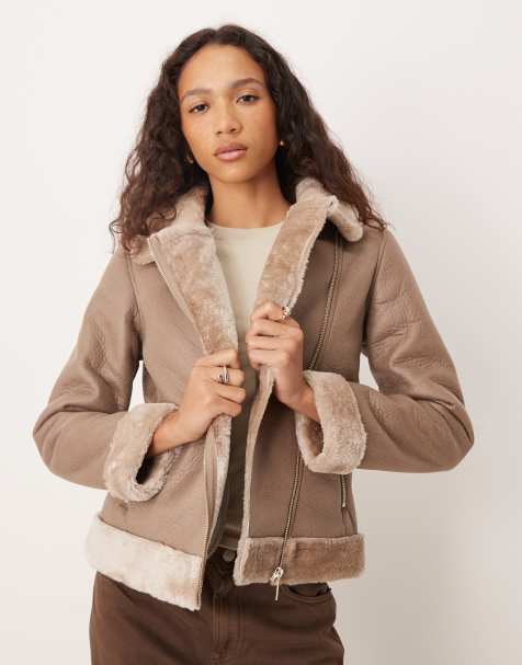 Barneys Originals Faux shearling cropped aviator in beige - view 1