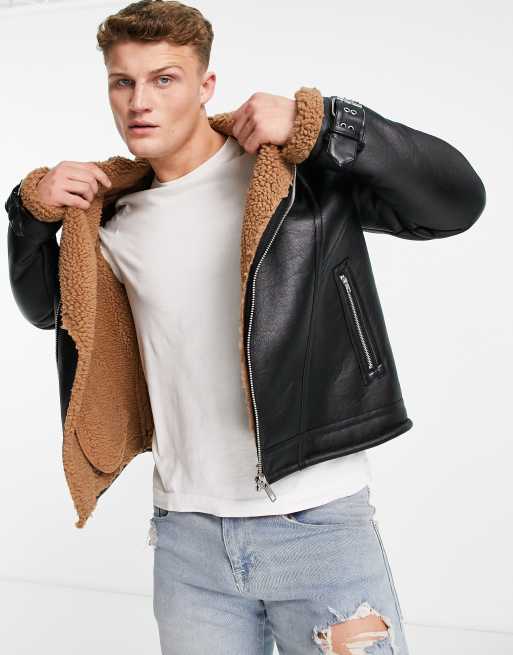 Barneys Originals faux shearling fully lined aviator jacket in black