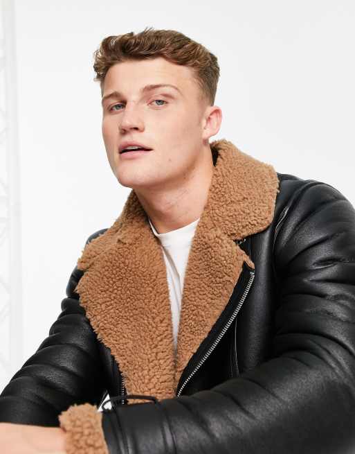 Barneys Originals faux shearling fully lined aviator jacket in black