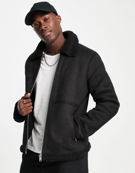 Barneys Originals faux shearling fully sherpa lined jacket in black | ASOS