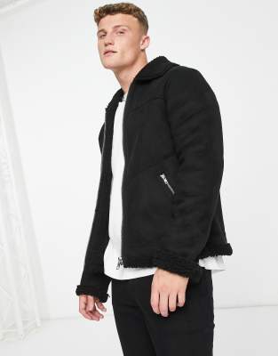 faux shearling fully sherpa lined jacket in black