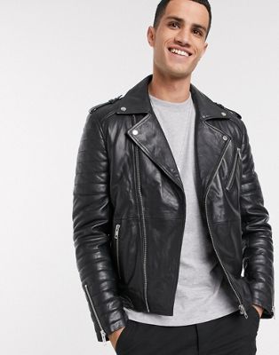 Barneys Originals full zip leather biker jacket in black - ASOS Price Checker