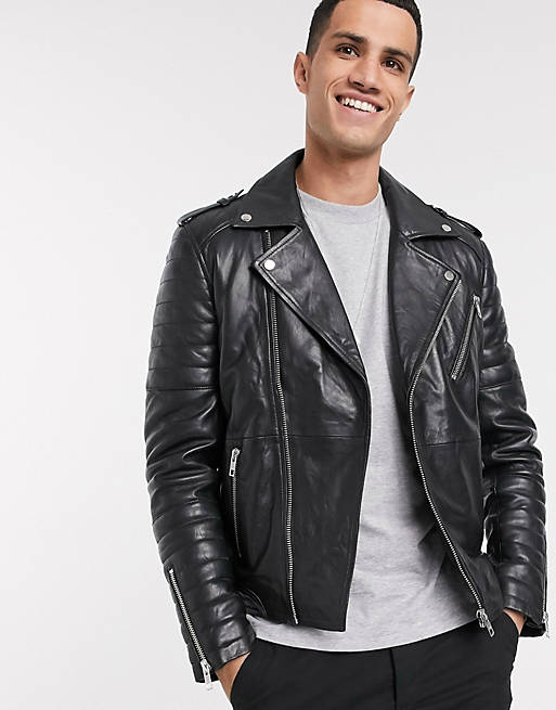 Barneys Originals full zip leather biker jacket in black