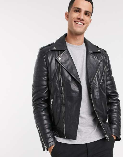 Barneys Originals full zip leather biker jacket in black | ASOS