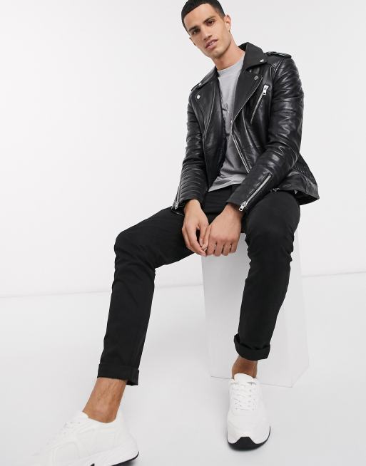 Barneys Originals full zip leather biker jacket in black | ASOS