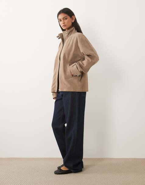 Barneys Originals Funnel neck real suede jacket in beige - view 1