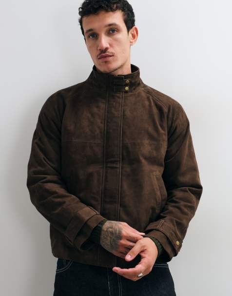 Barneys Originals Funnel neck real suede jacket in chocolate - view 1