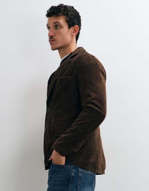 Barneys Originals Goat suede blazer jacket in chocolate, 4 of 5