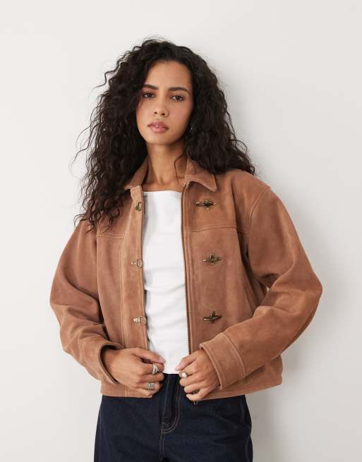 Barneys Originals Goat suede jacket with fireman clasps in tan | ASOS