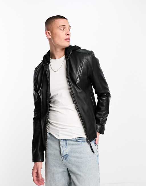 Barneys Originals Lando hooded biker jacket in black | ASOS