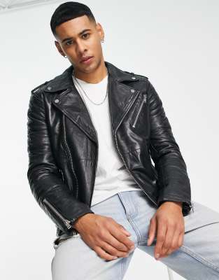 Barneys Originals leather biker jacket in black - ASOS Price Checker