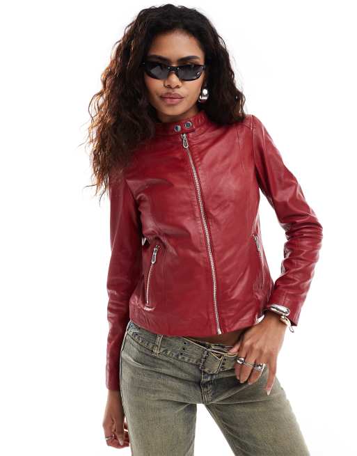 Barneys Originals leather biker jacket in red