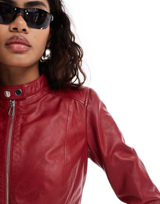 Barneys Originals leather biker jacket in red