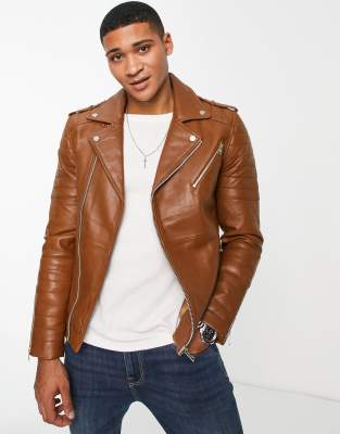 Barneys Originals leather biker jacket in tan