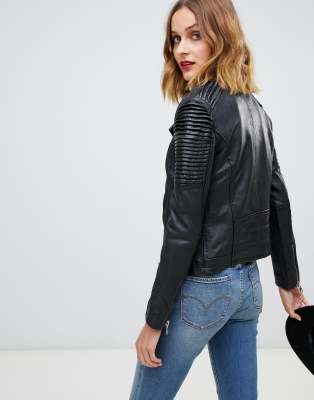 barney's originals leather biker jacket with shoulder quilting detail