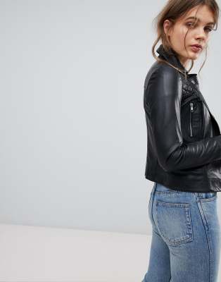 barney's originals leather biker jacket with shoulder quilting detail