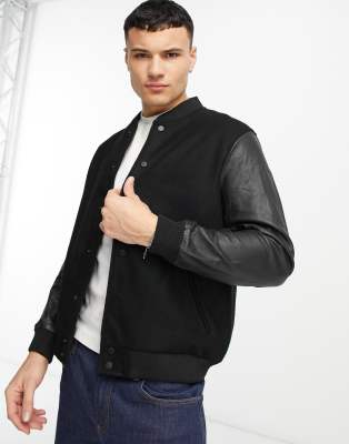 Barneys Originals leather bomber jacket with wool sleeves in black - ASOS Price Checker