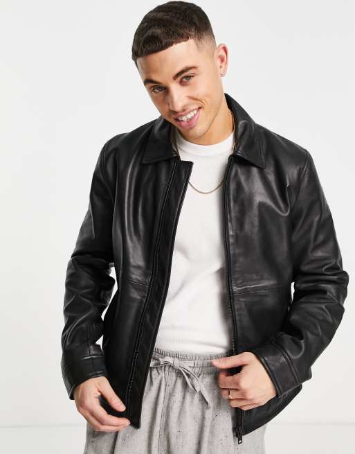 Barneys Originals leather harrington jacket in black | ASOS