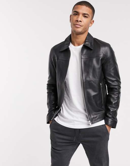 Wide collar leather jacket sale