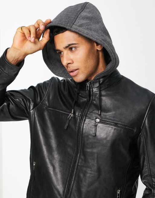 Barneys Originals leather jacket with jersey hood in black | ASOS