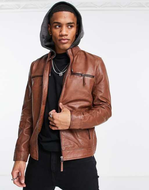 Barneys Originals leather jacket with jersey hood in cognac ASOS