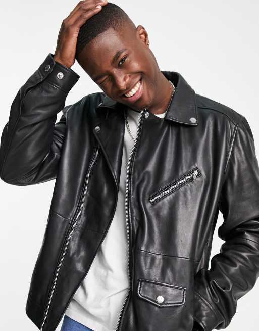 Barneys Originals leather oversized biker jacket in black