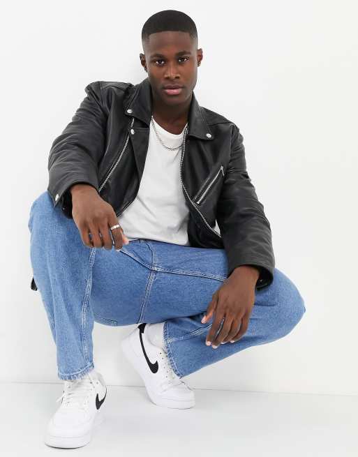 Barneys Originals leather oversized biker jacket in black | ASOS