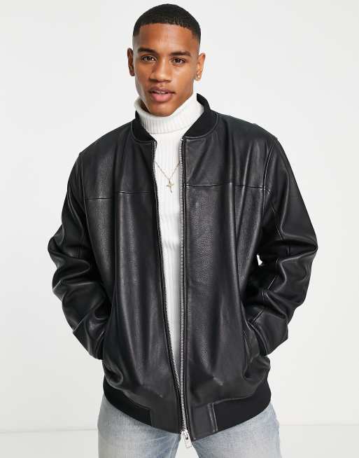 Barneys Originals leather oversized bomber jacket in black | ASOS