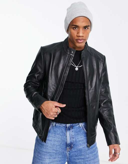 Barneys Originals leather racer jacket in black | ASOS