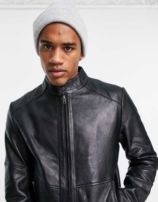Barneys Originals leather racer jacket in black | ASOS