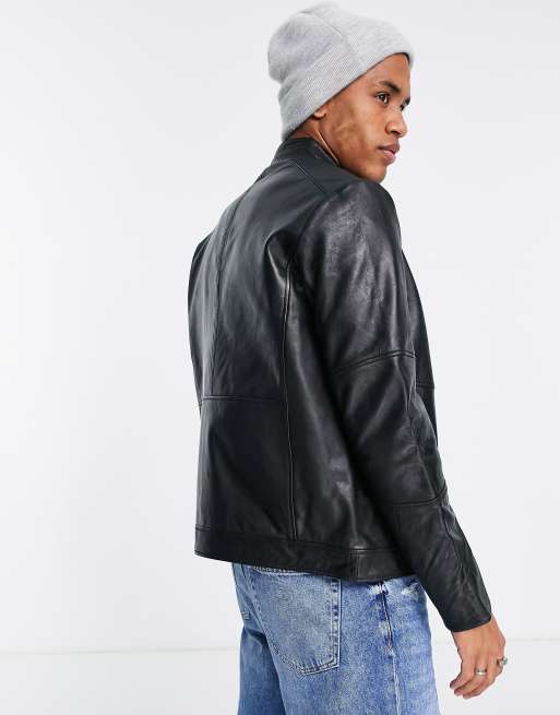 Barneys Originals leather racer jacket in black | ASOS