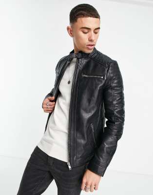 Barneys Originals leather racer jacket in black - ASOS Price Checker