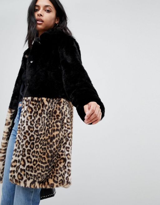Barney's Originals leopard print colourblock faux fur coat | ASOS