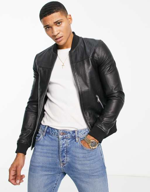 Barney's Originals - Leren bomberjack in zwart