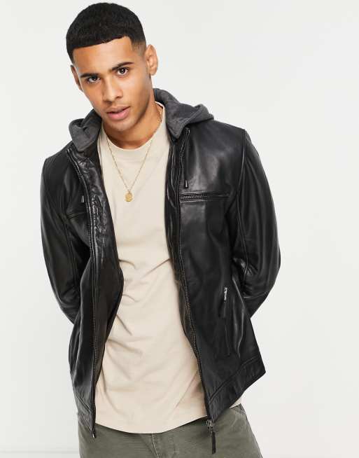 Barney's Originals - Leren jack met jersey capuchon in zwart