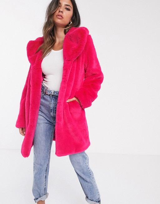 Barney's Originals longline faux fur coat in neon pink