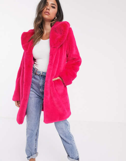 Barney's Originals longline faux fur coat in neon pink | ASOS