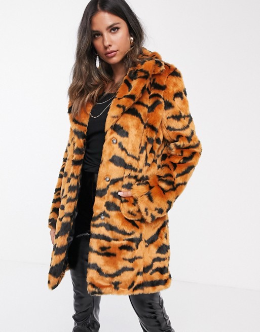 Barney's Originals longline faux fur coat in tiger print