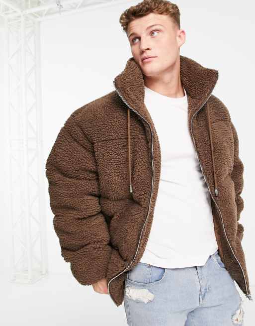 Barneys Originals - Oversized gewatteerd jack met borg en ritssluiting in bruin