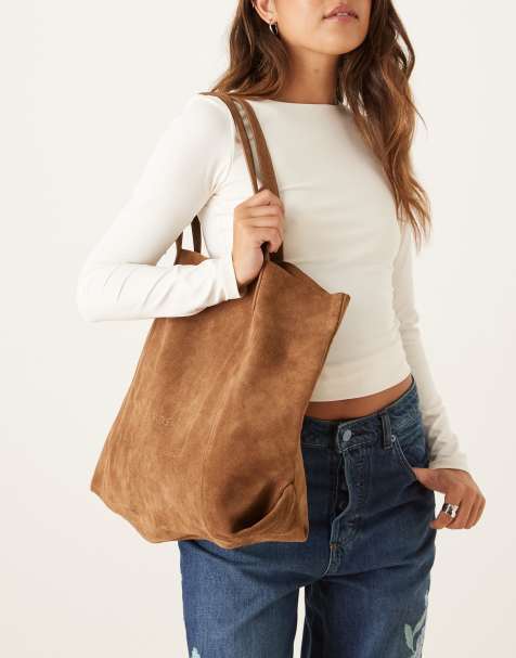 Barneys originals oversized suede tote bag in tan - view 1