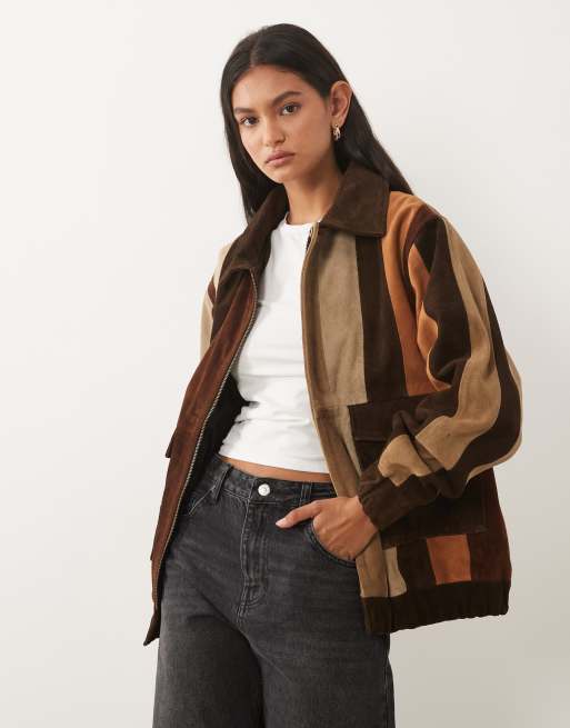 Barneys Originals Patchwork real suede bomber jacket in brown, 2 of 4