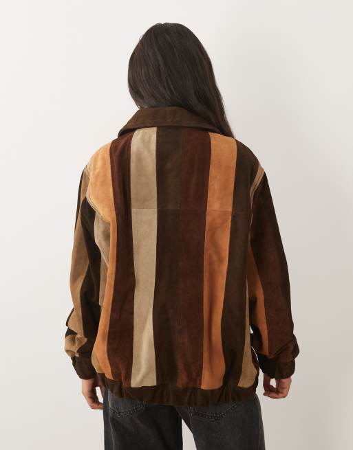 Barneys Originals Patchwork real suede bomber jacket in brown, 4 of 4