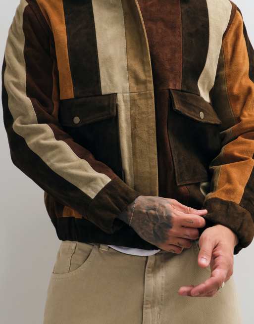 Barneys Originals Patchwork real suede bomber jacket in brown, 3 of 5