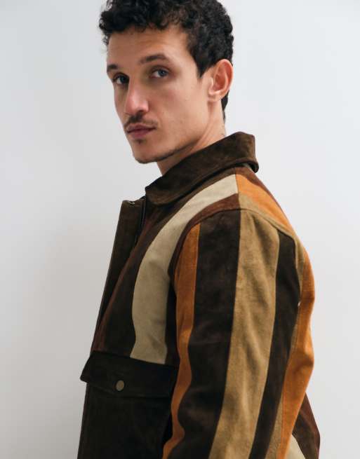 Barneys Originals Patchwork real suede bomber jacket in brown, 4 of 5
