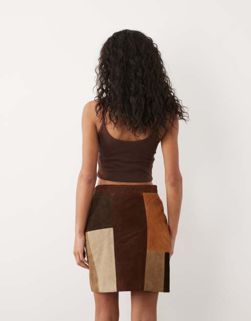 Barneys Originals Patchwork real suede mini skirt in brown, 3 of 5